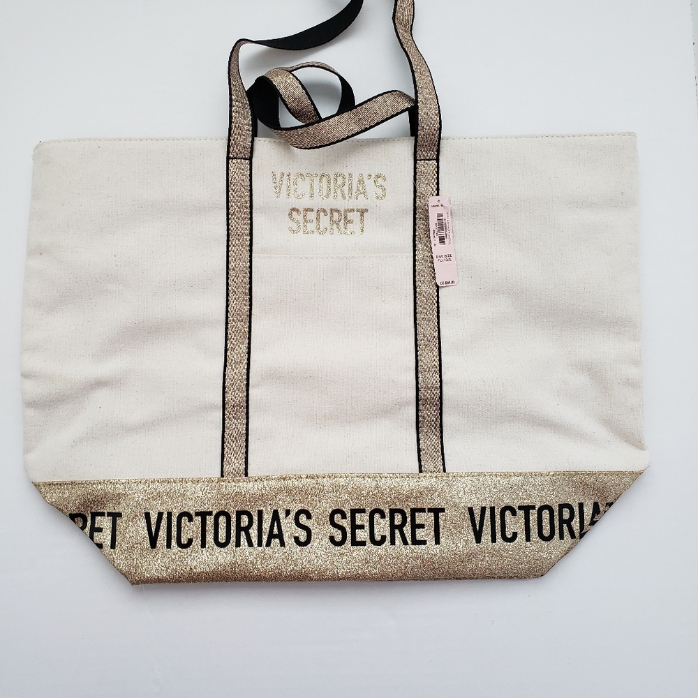 Victoria's Secret Gold Glitter & Black Canvas Tote
